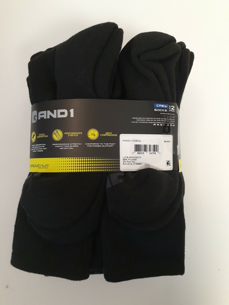 AND1 Black 12 Pair ProPlatinum Crew Socks Arch Compression Proplatinum