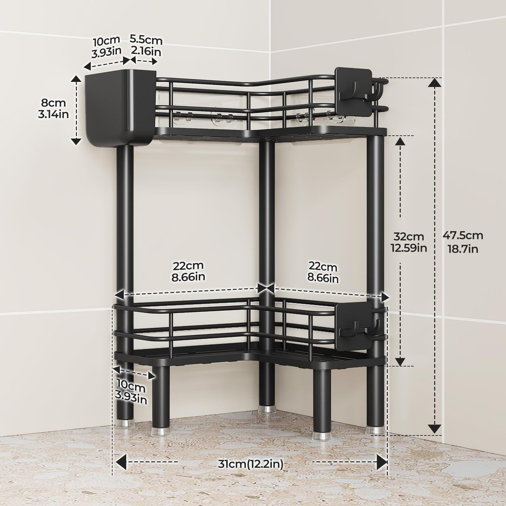 Orimade Rustproof 2 Tier Floor Standing Corner Shower Caddy Organizer with Tooth