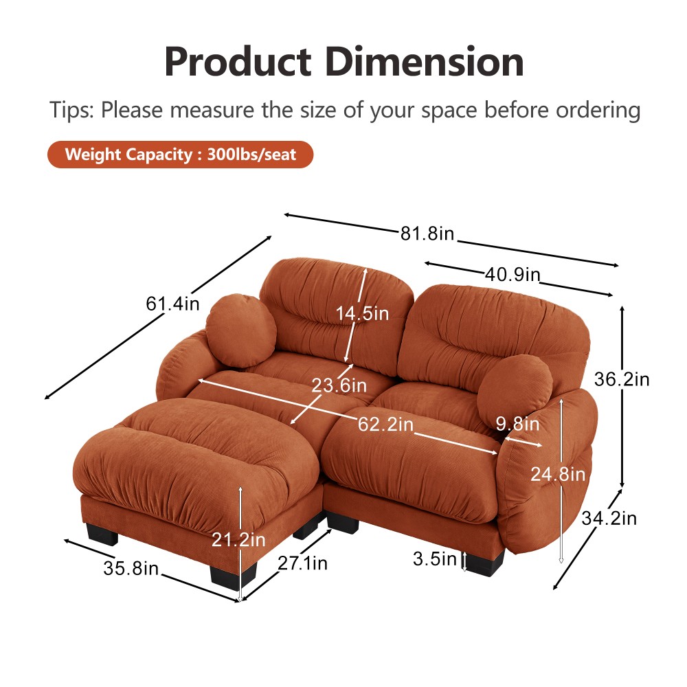 Orange L-Shape Sectional Sofa w/ Ottoman & Throw Pillows, Modular Chenille Couch
