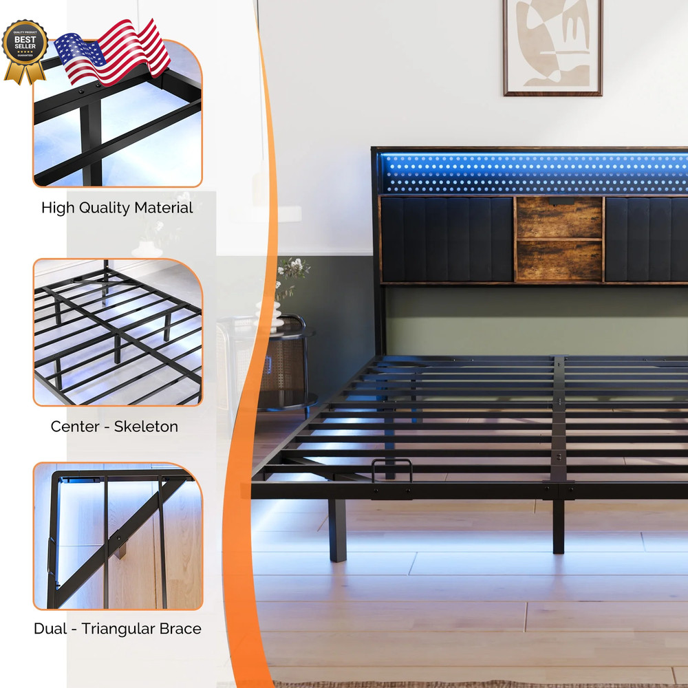 KING SIZE Floating Platform Bed Frame With Charging Station Storage Headboard