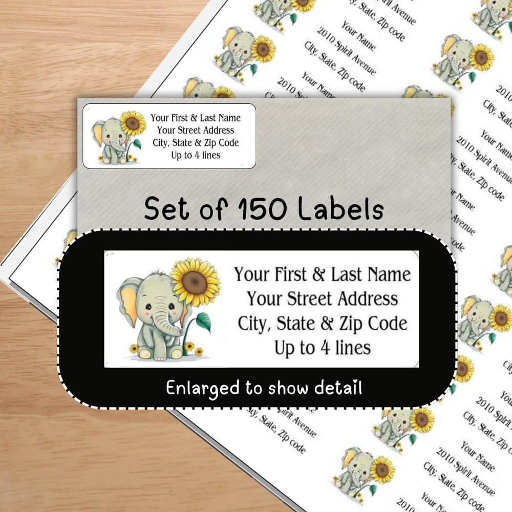 150 Elephant Sunflowers Mailing Return Address Labels Personalized