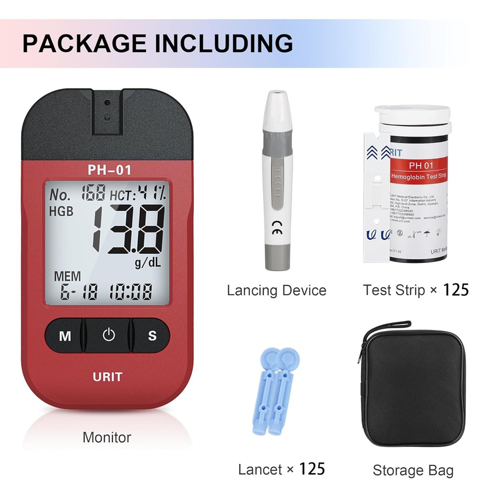 URIT Hemoglobin Analyzer Fast HB Testing Kit with 125 Test Strips Anemia test