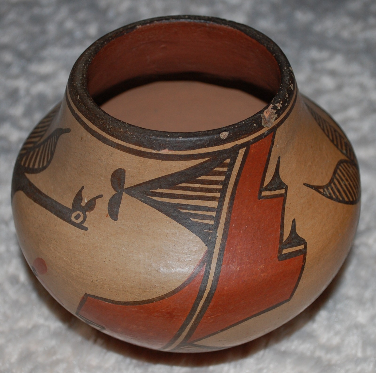 Vintage-1930-40 Zia Pottery Jar Roadrunner, Flower & Geometric designs-E. Medina