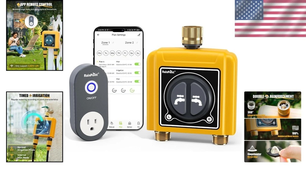 WiFi Water Timer 2 Zone Brass Inlet/Outlet, Smart Sprinkler Controller, Weath...