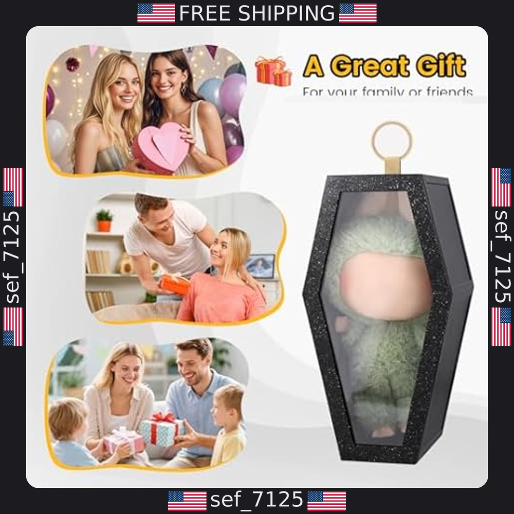 Coffin Shaped Doll Display Case with Keychain - Portable & Dustproof, Black