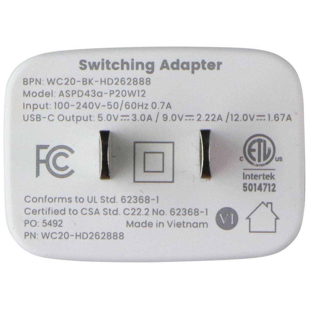 Ventev 20W Single Port USB-C Ultra Fast Wall Charger - White