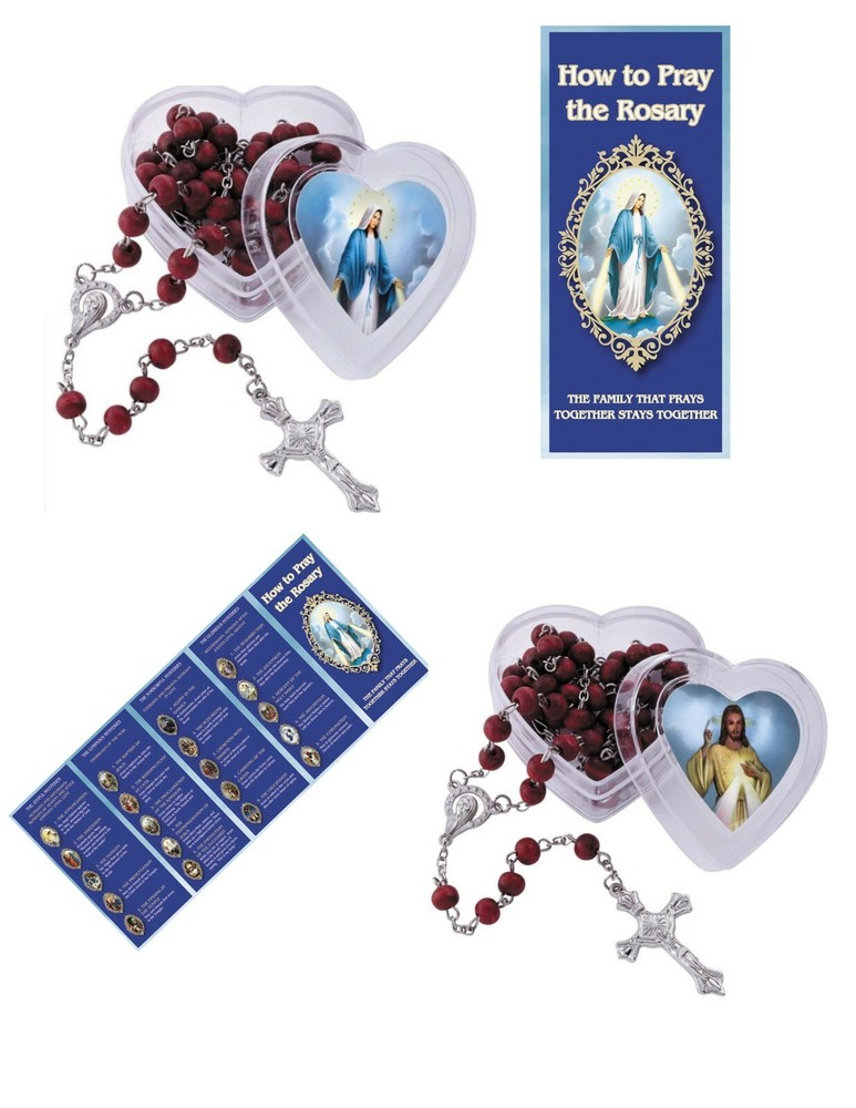 Set of 2 Rose Scented Rose Bead Rosaries in cases & How to Pray the Rosary Guide