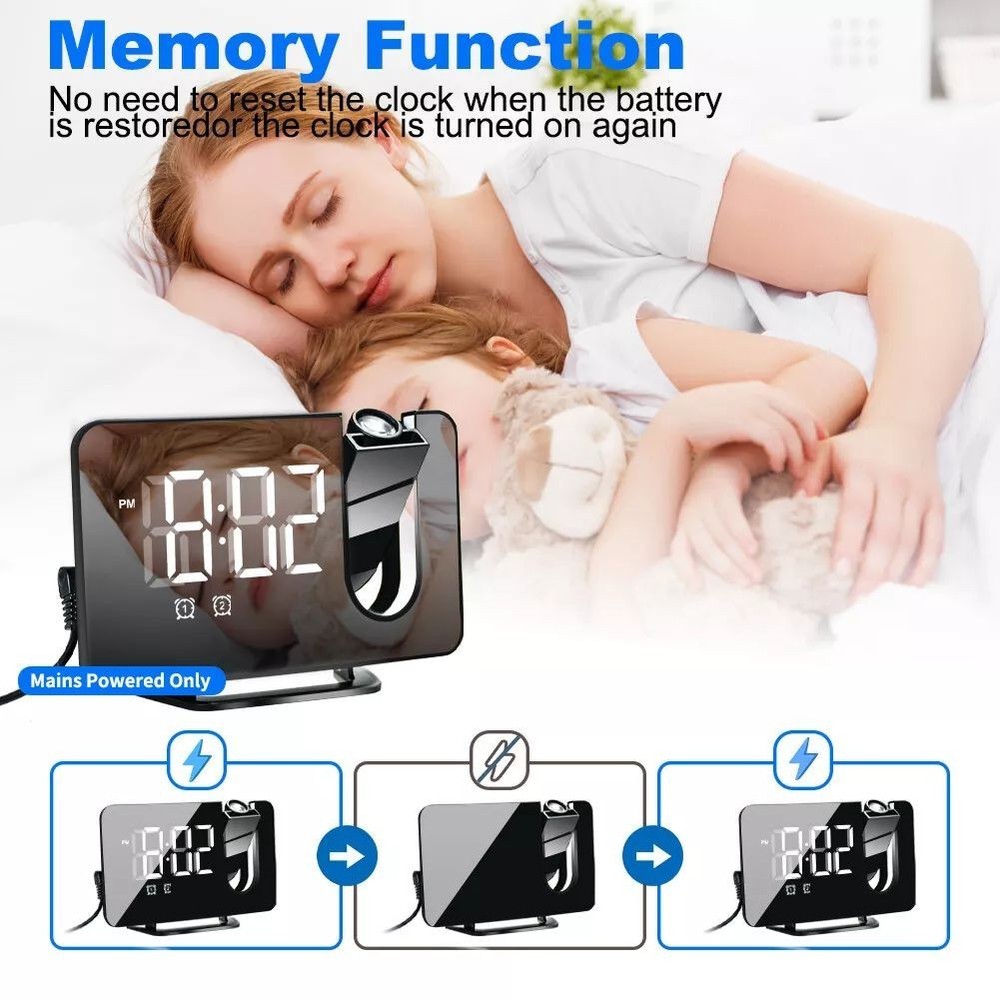 Projection Alarm Clock LED Digital FM Radio Clock Projector Ceiling Clock BLACK