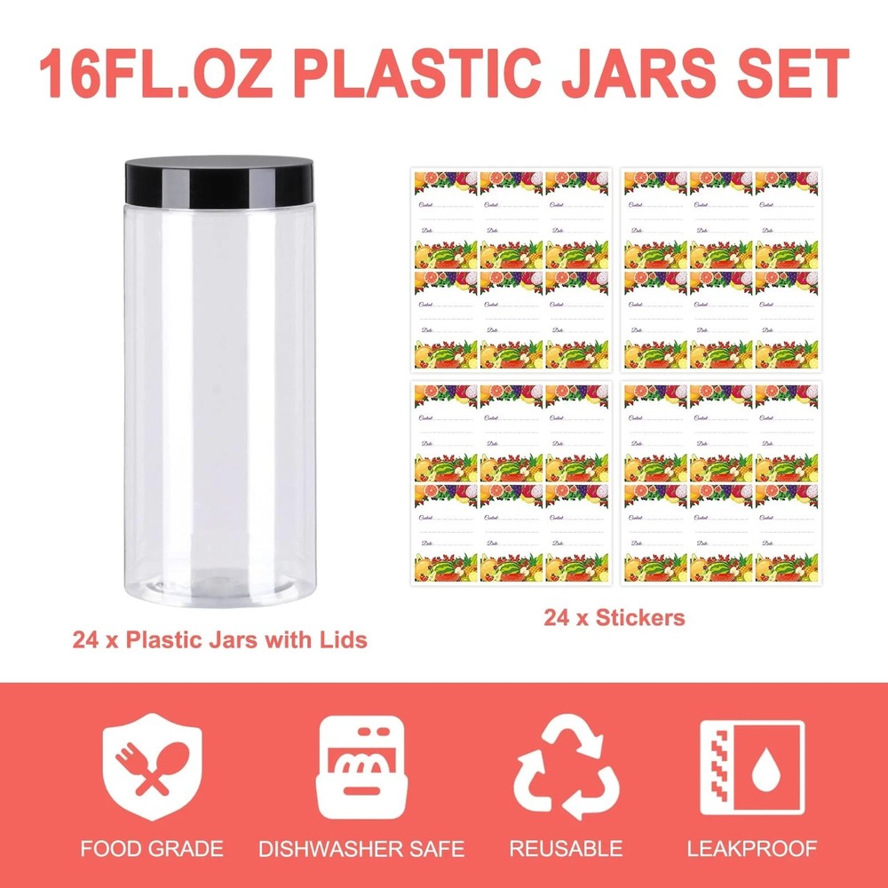 Plastic Jars with Lids 16 oz 24Pack Empty Clear for Storage Round Leakproof