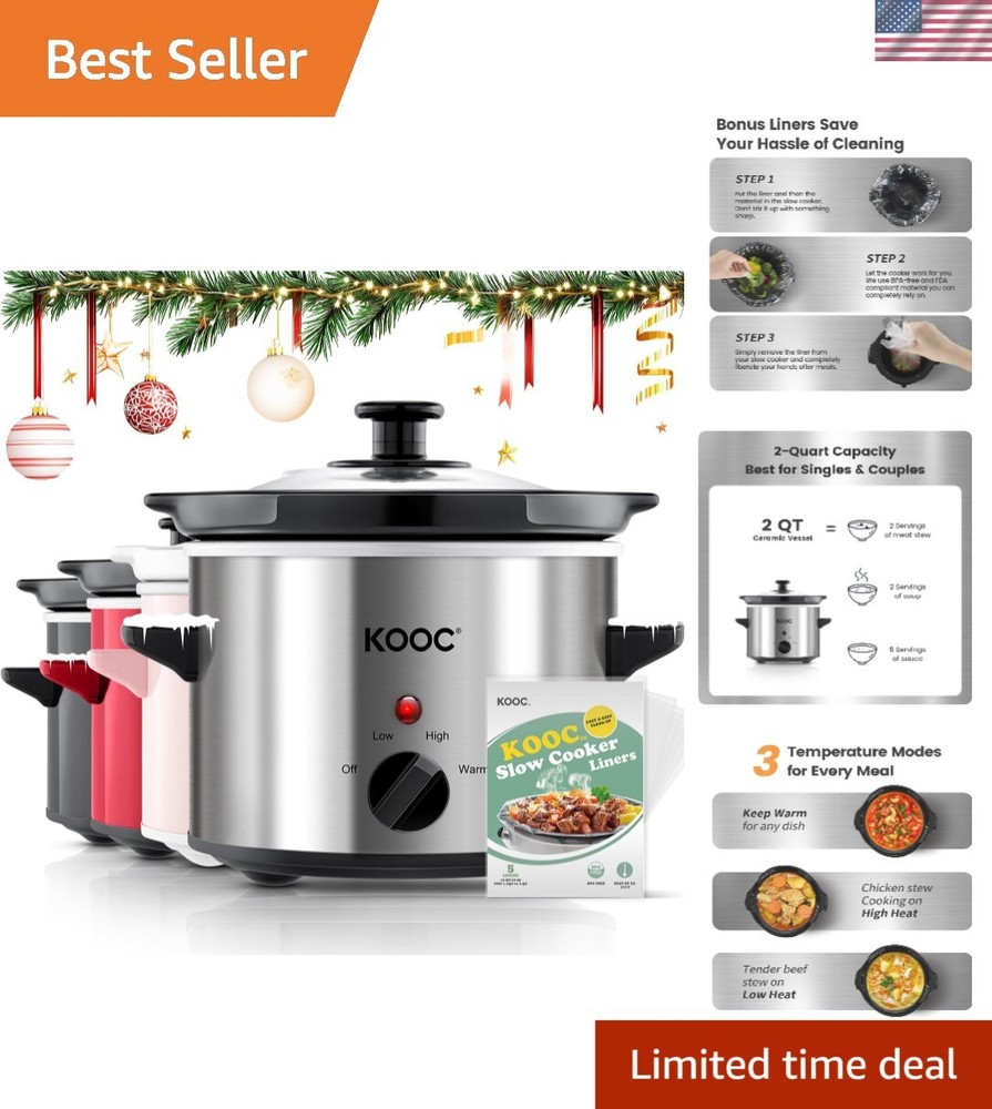 Compact Ceramic Slow Cooker, 2 Quart with Adjustable Temp & Free Liners Included