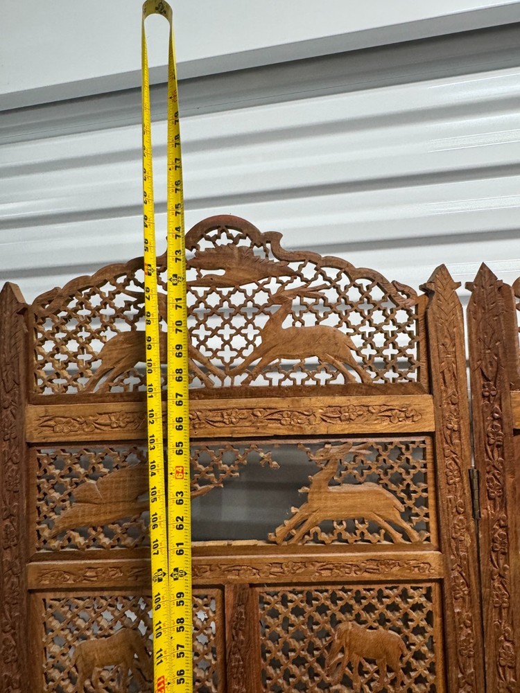Mid-Century Carved Folding Four Panel Room Divider Screen