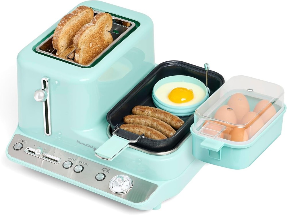 Versatile 3-in-1 Breakfast Maker - Aqua Retro Toaster with Steamer & Griddle