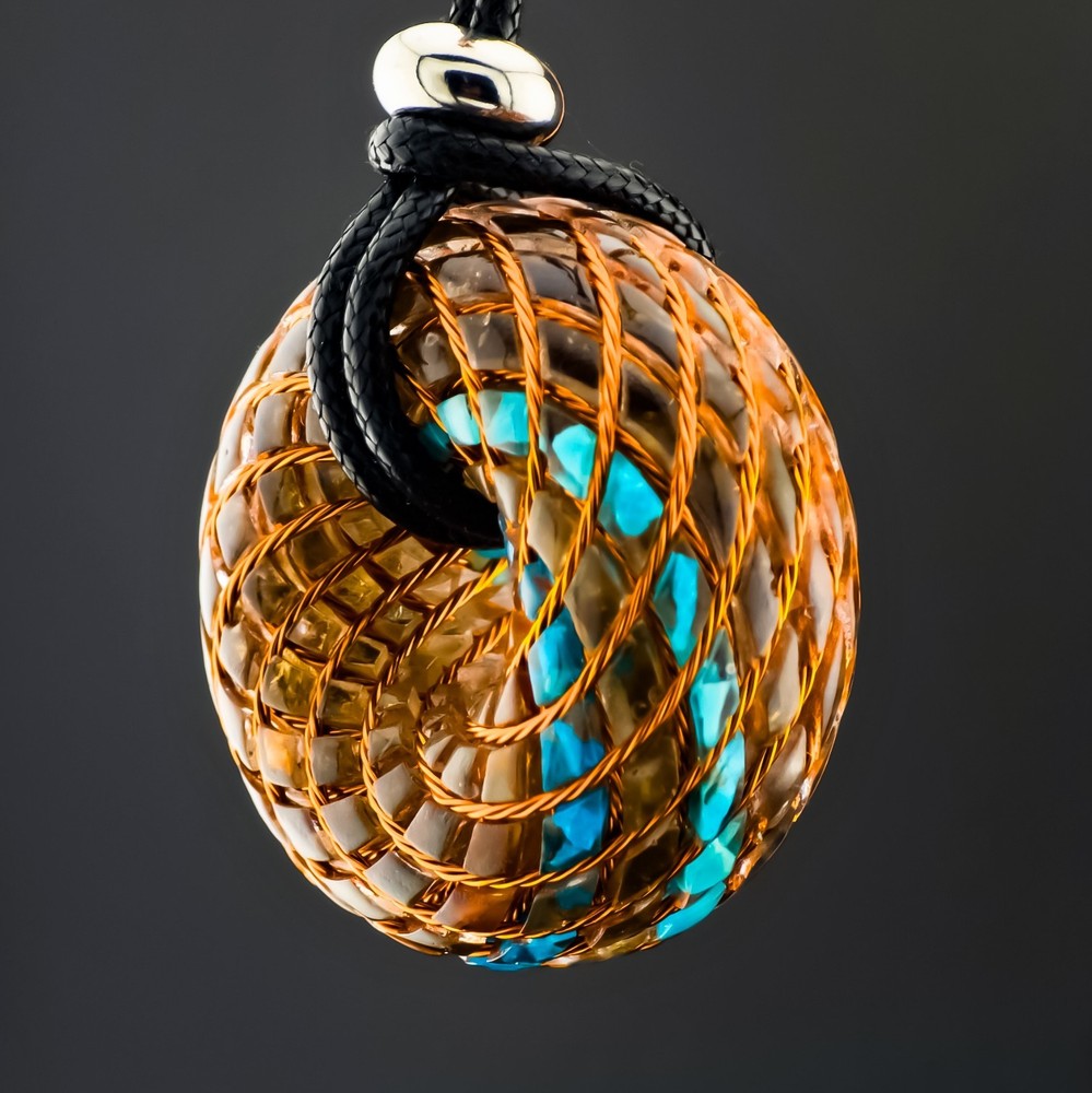 Phi Torus Vortex Energy Coil Pendant Peruvian Opalina+ Kingman Turquoise+ Amber