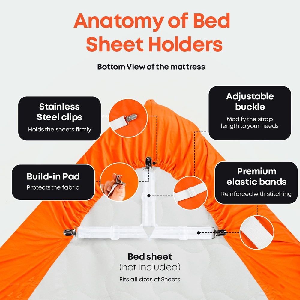 Bedding Sheet Straps Set, Durable Metal Clip Fasteners for Secure Hold, White