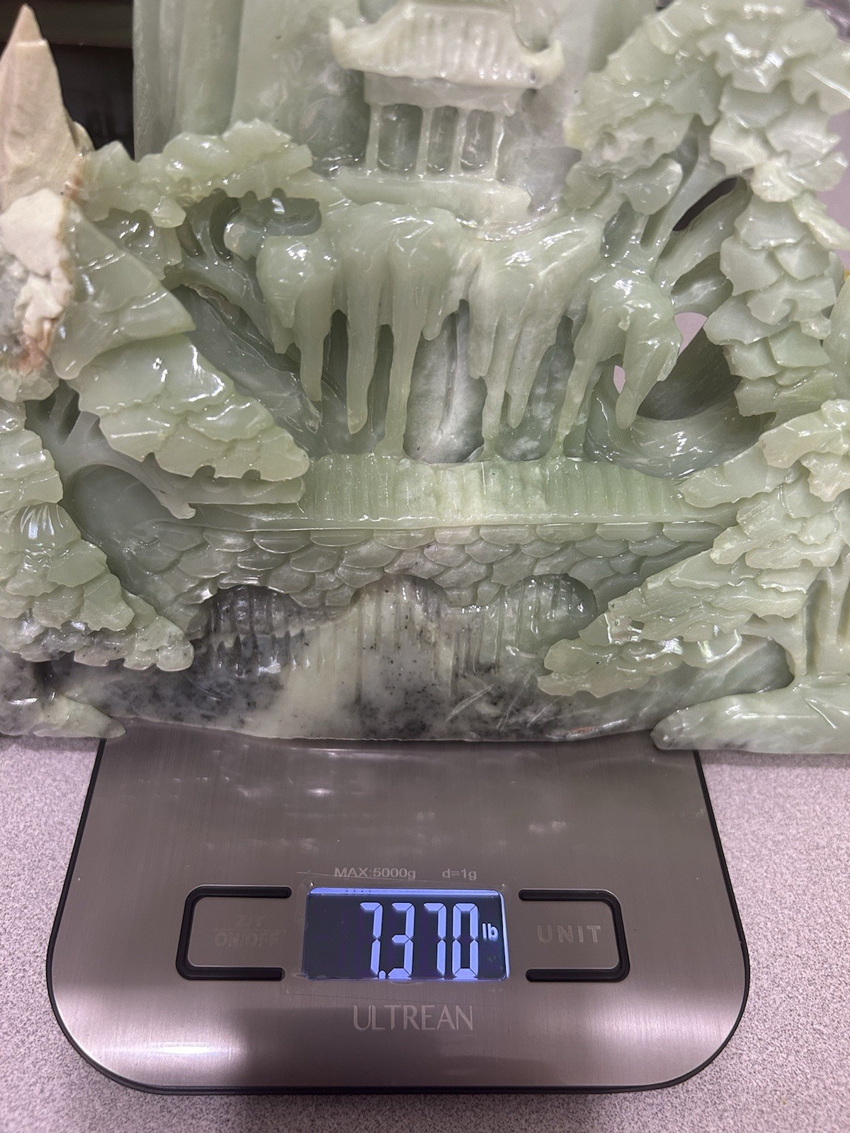 7.3LB Natural Green Jade Stone Hand Craved Landscape Crystal