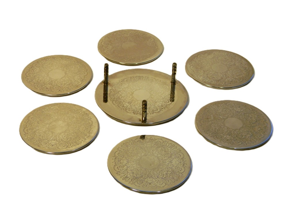 VTG 7 Pc Embossed Silver Plated Coaster Set