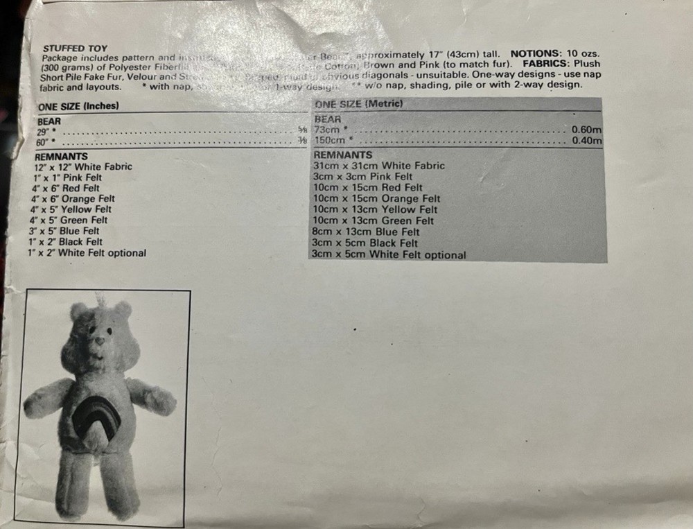 Vintage Butterick Cheer Bear Pattern Used