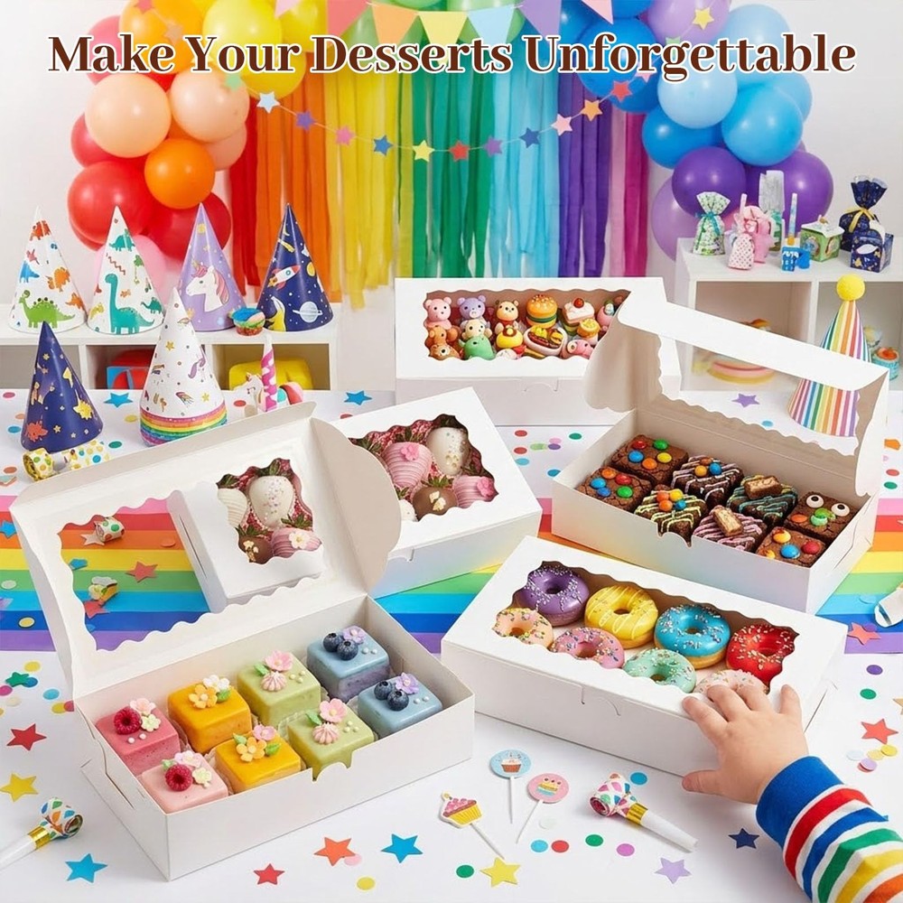 30PCS Cookie Boxes,12x5.5x2.6Inches White Bakery Boxes with Window Cupcake Co...