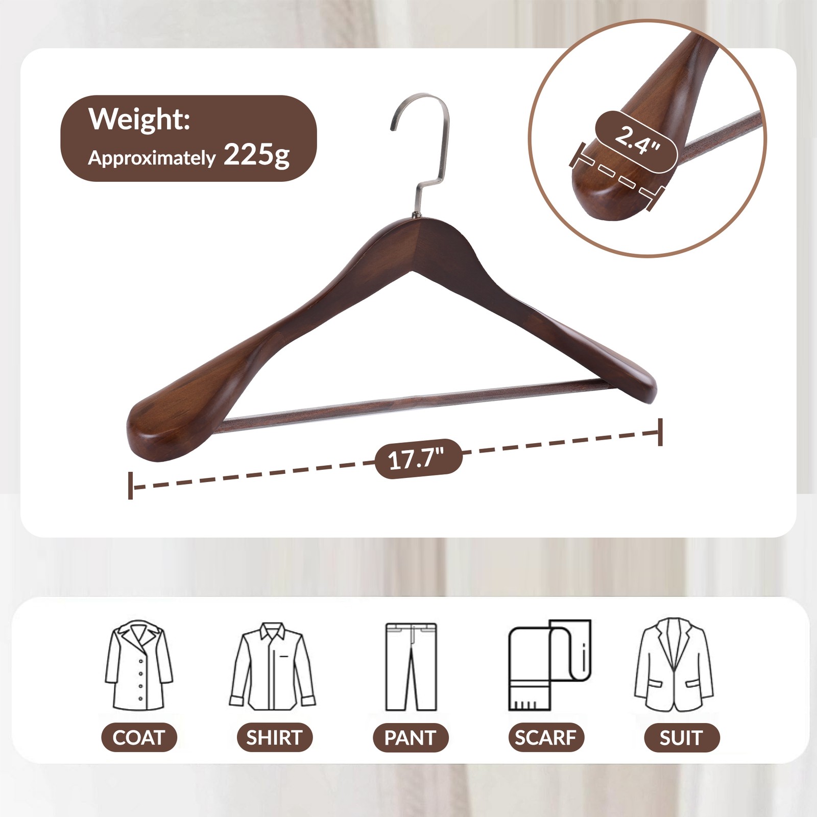 24-60x Solid Wood Outerwear Hangers 2.4" Wide Shoulder Clothes Hanger Suit Pants