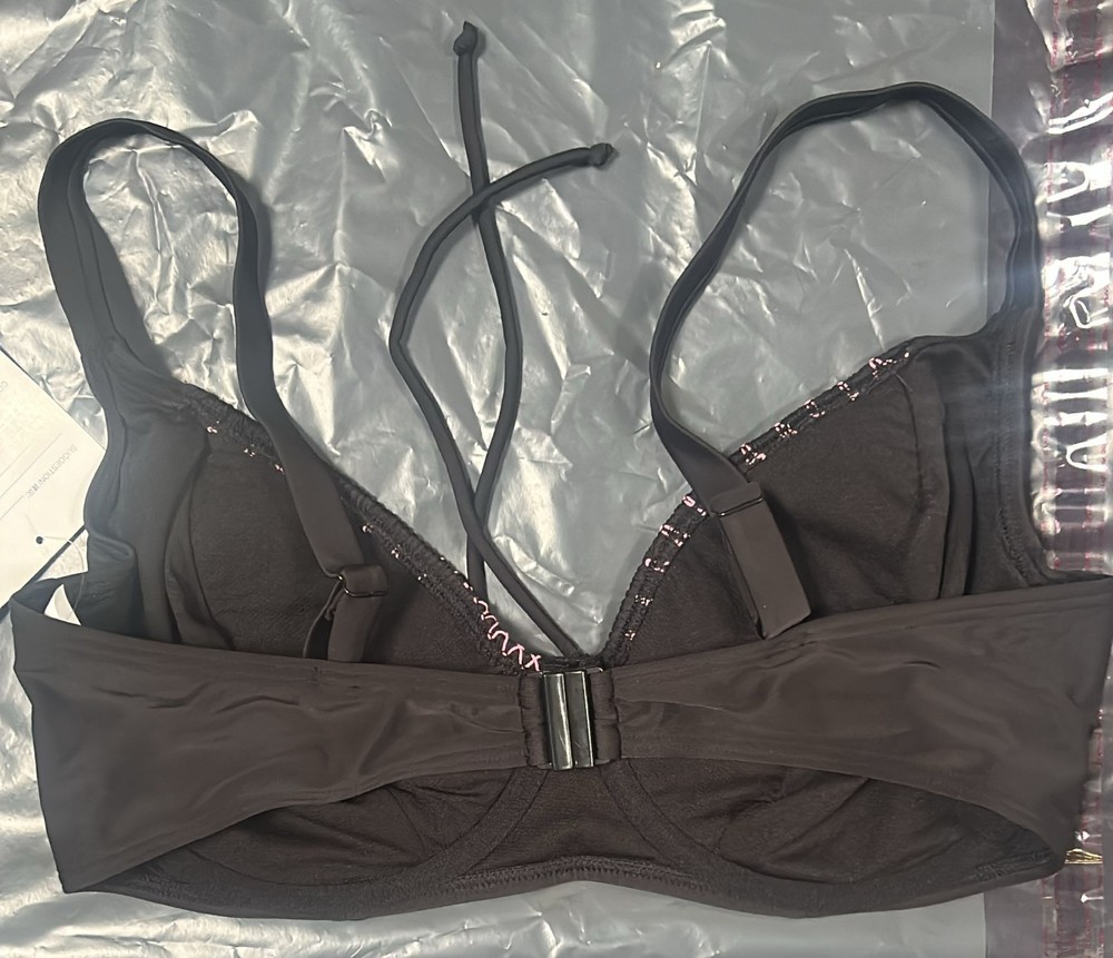 Black & Pink Embroidered Underwire Bikini Top - Size 36E - Front Clasp Design