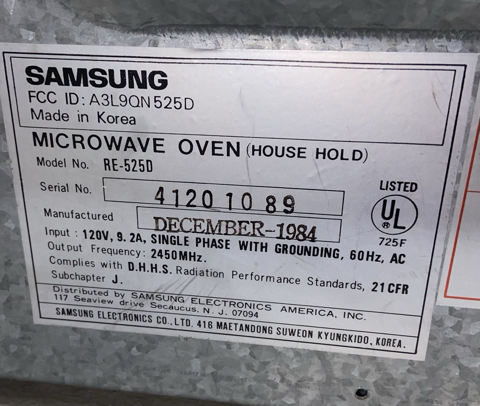 Vintage 80’s Samsung Microwave Oven Model RE-525D Faux Wood Grain Cooking Oven