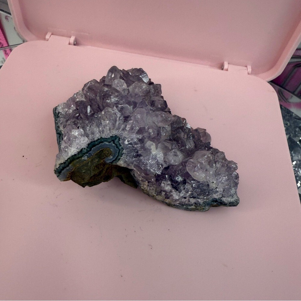 Raw Amethyst Crystal Cluster on Pink Digital Scale