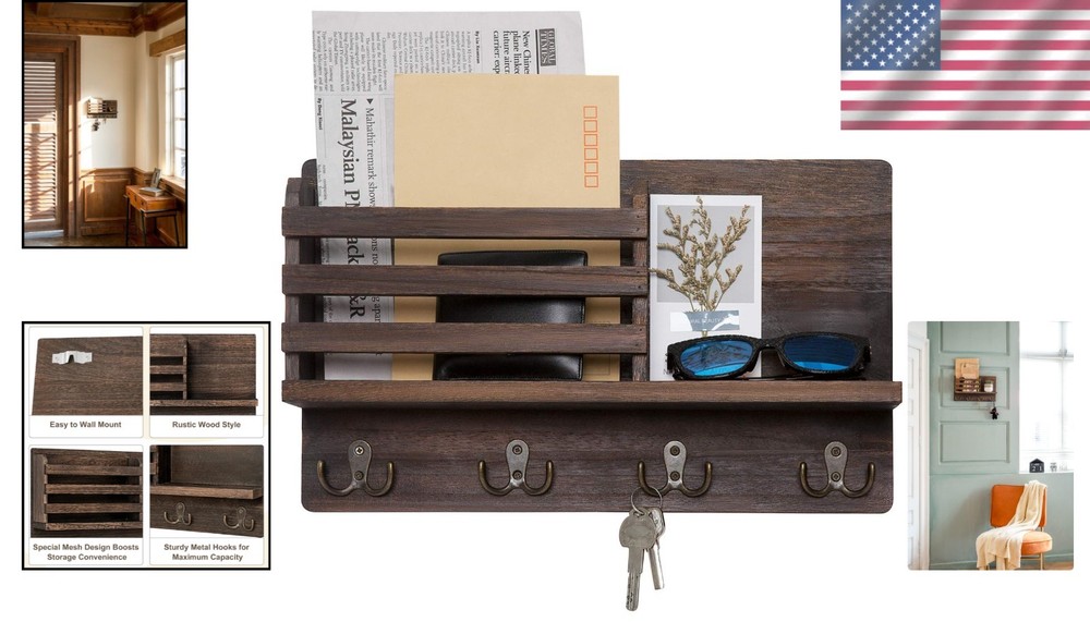 Rustic Farmhouse Wall Mounted Mail Holder with Key Hooks