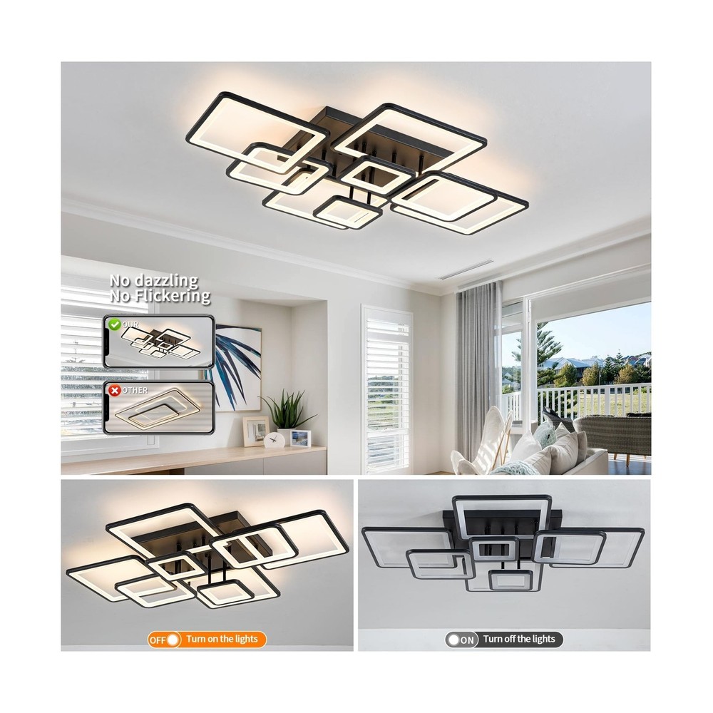 Modern LED Ceiling Light, Dimmable LED Chandelier Black Flush Mount Ceiling L...