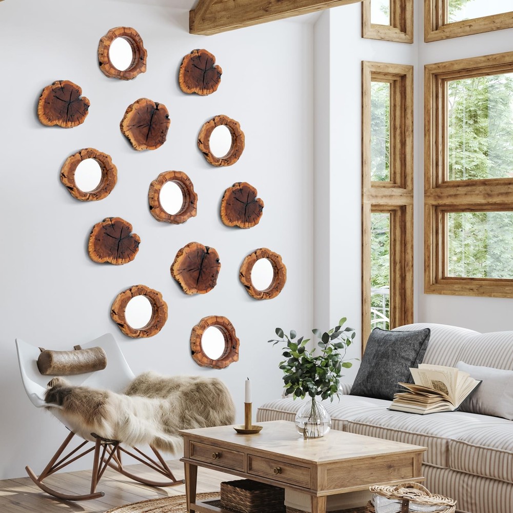 Four Pack Rustic Mirror Wall Décor Handmade Solid Wood Decorative Mirrors, 10...