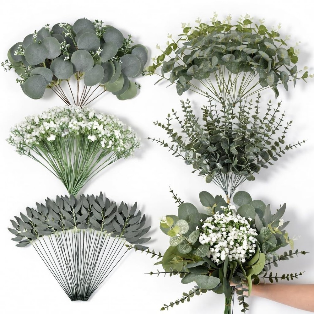 140 Pcs Mixed Eucalyptus Stems, 5 Kinds Artificial Greenery Stems Bulk, Fake ...