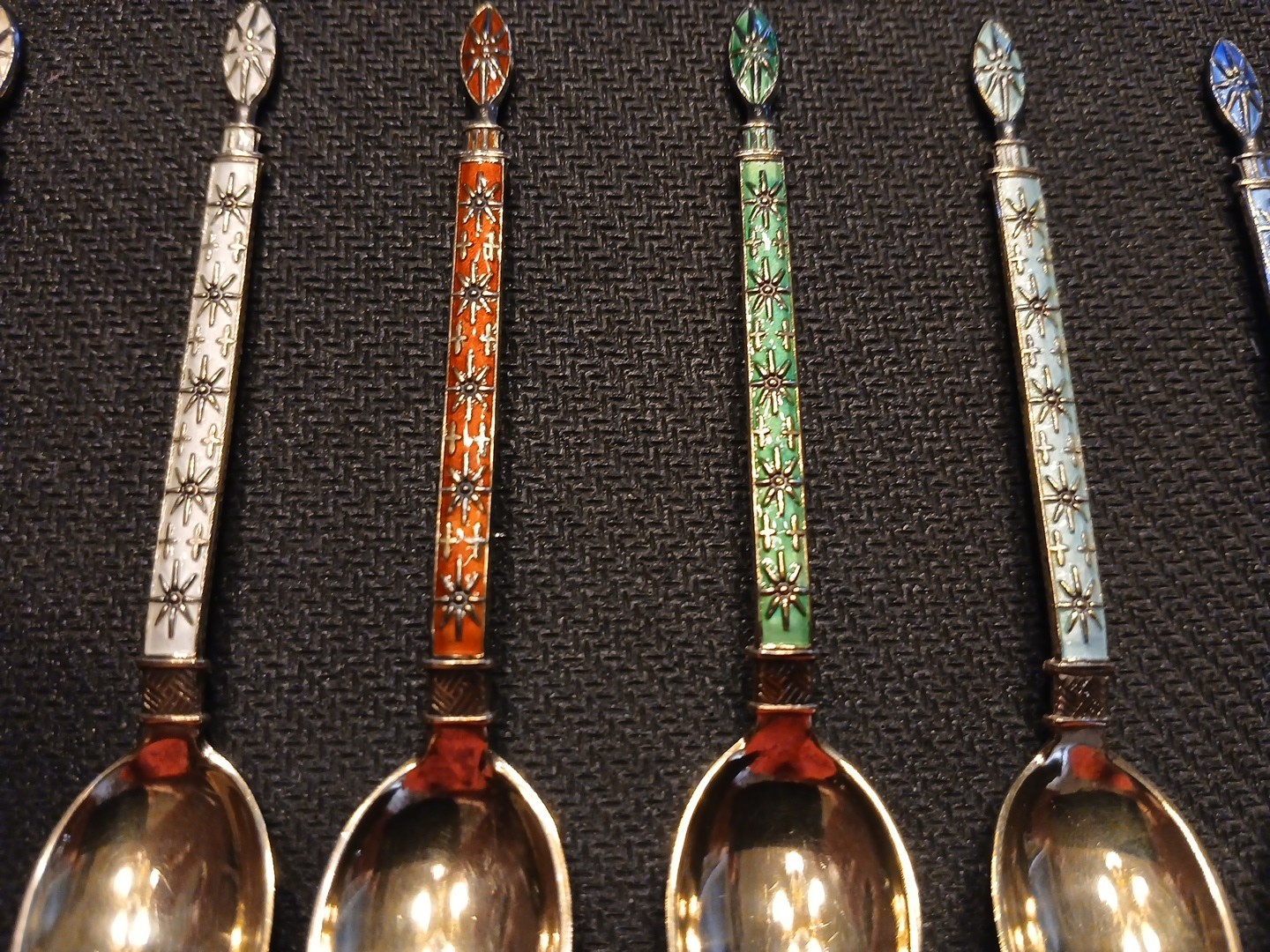 J TOSTRUP ~ Norway ~ Set of 6 Sterling Silver Enamel Demitasse Spoons - Nice!