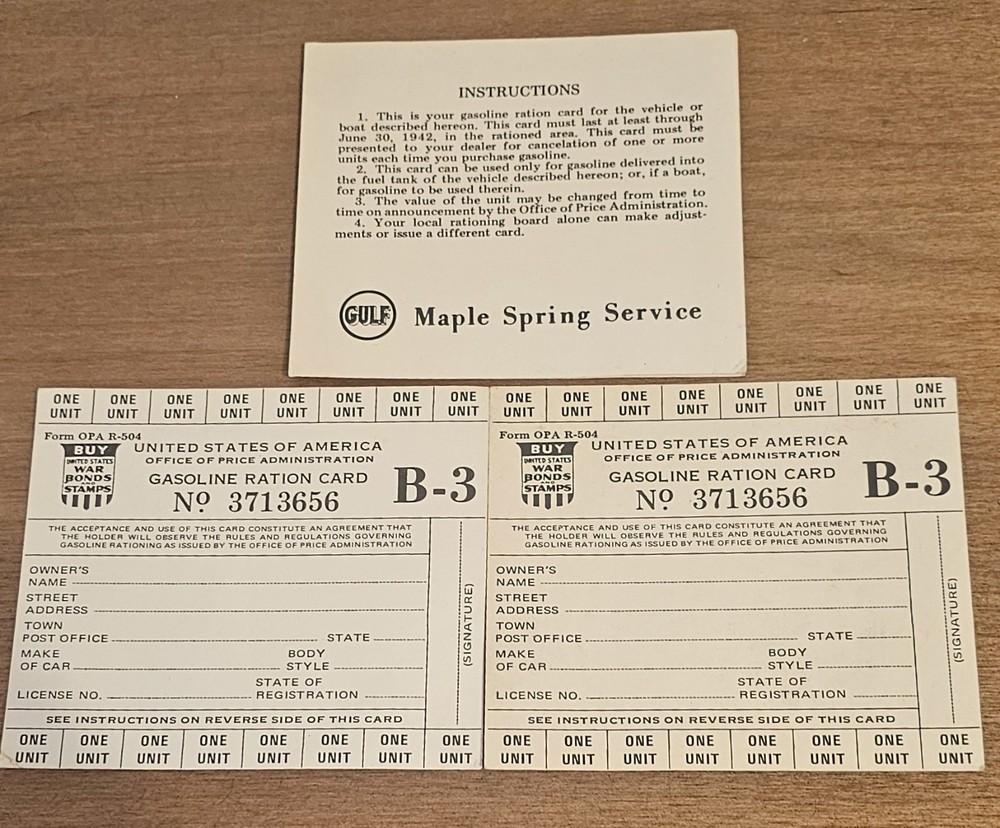 3 WWII Gasoline Ration Crads GULF Maple Spring Service