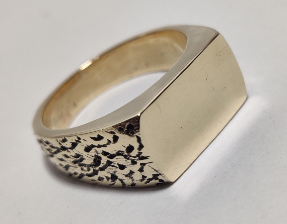 Solid 925 Sterling Silver Gold Plated Rectangle Signet Ring - Textured Men's Ban