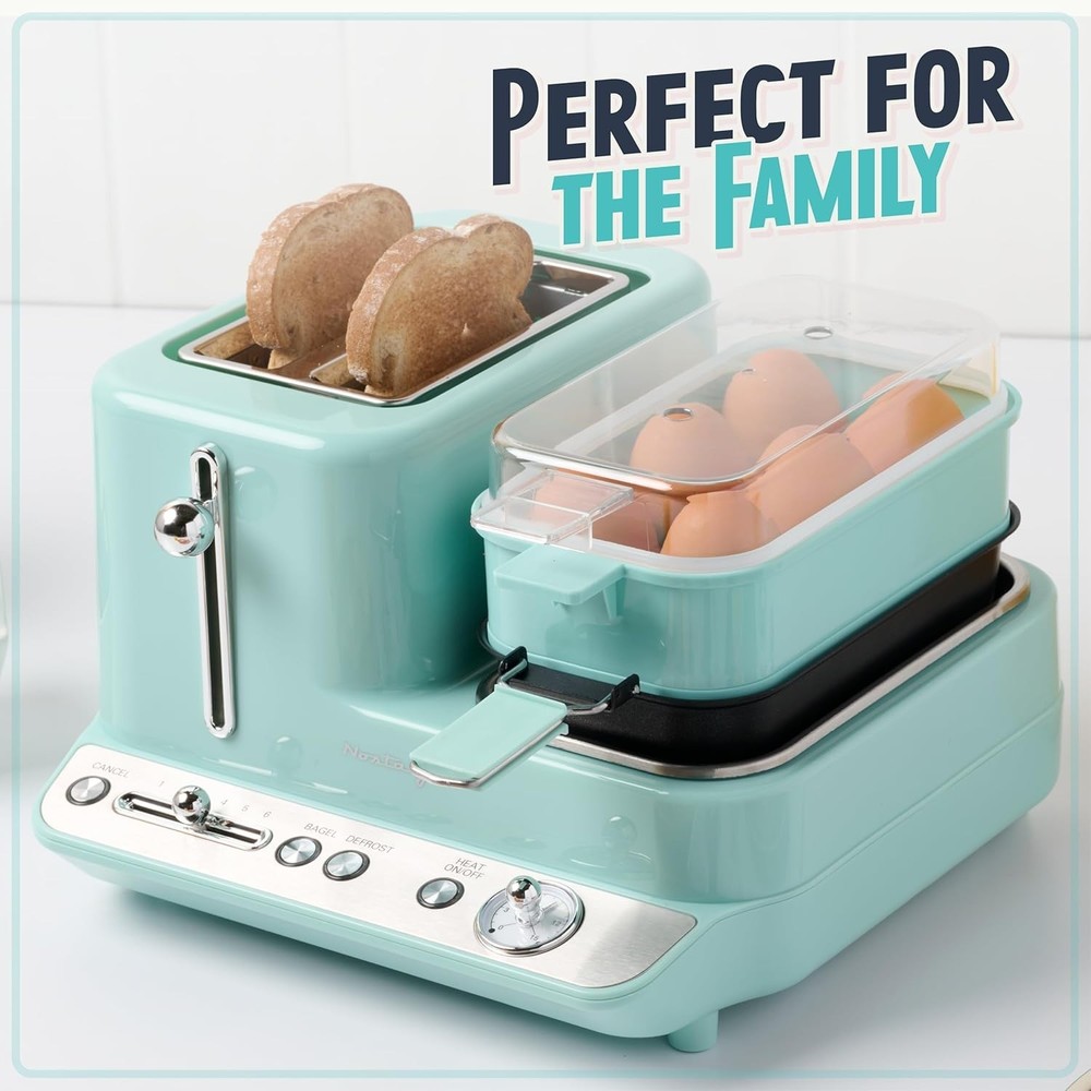 Versatile 3-in-1 Breakfast Maker - Aqua Retro Toaster with Steamer & Griddle