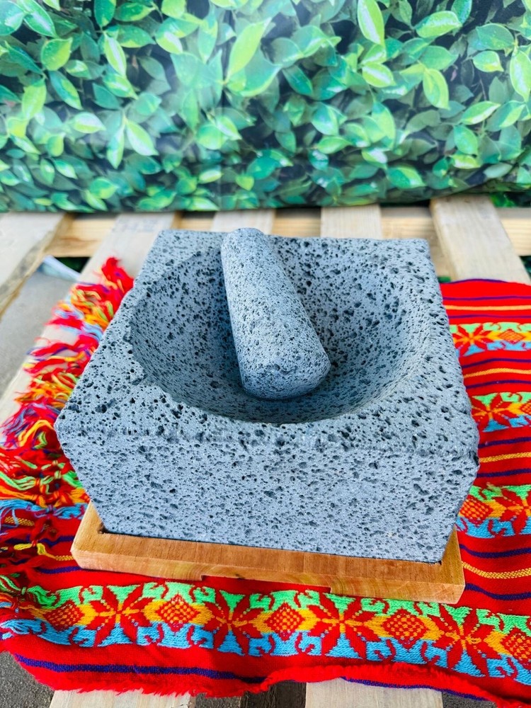 Molcajete Stone Square 8in With Wood Bottom Base