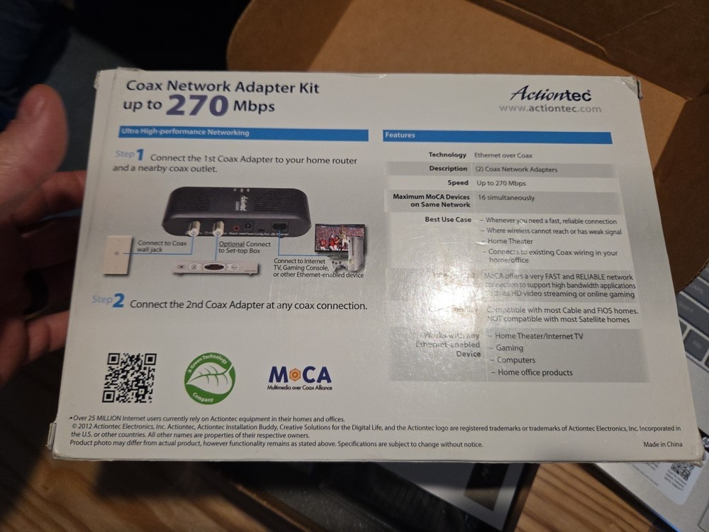 Actiontec ECB2500C Ethernet Network COAX Adapter Kit Homes Without MoCA Routers