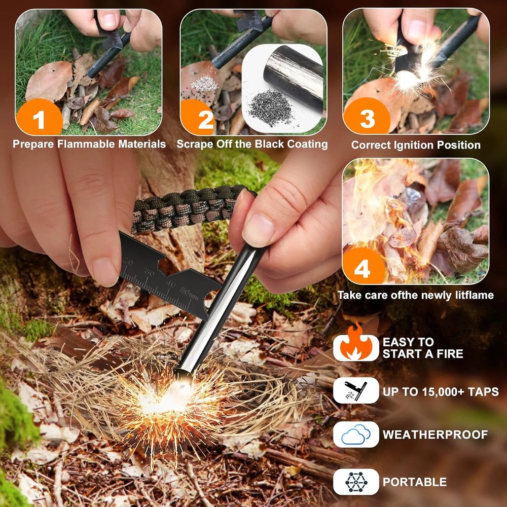 Survival Fire Starter Kit – 4" Ferro Rod Flint Tool w/ Striker & Cord