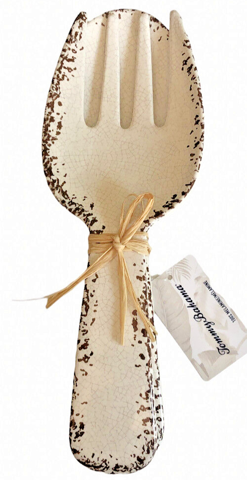 Tommy Bahama Speckled Salad Server Set Serving Spoon Fork White Rustic 11"
