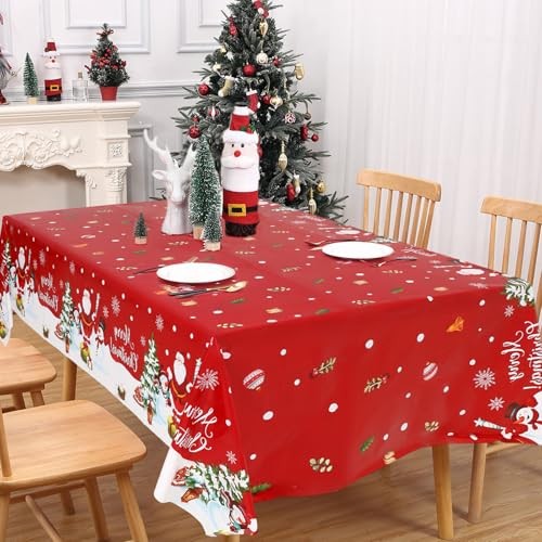 3PCS Christmas Tablecloth Rectangular Plastic Christmas Tablecloth, Winter Red