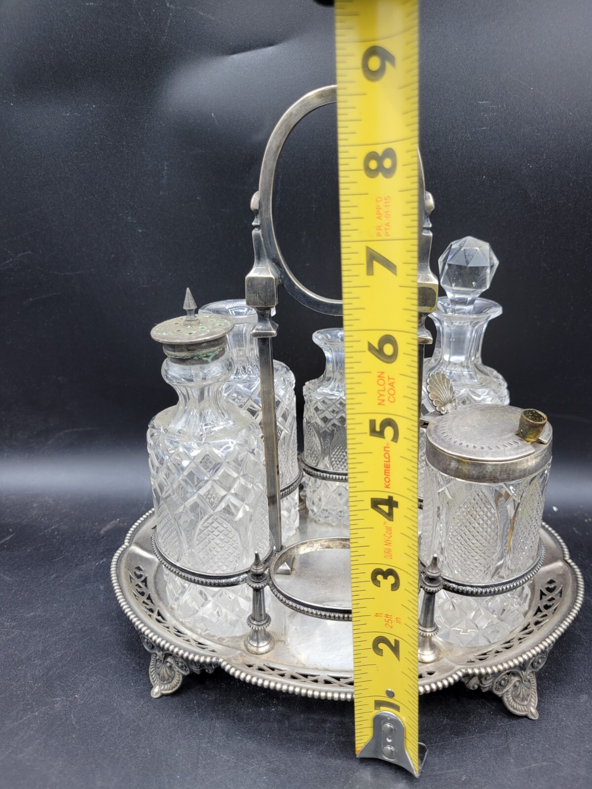 antique 1800's ornate cut crystal silver plate cruet condiment set caddy