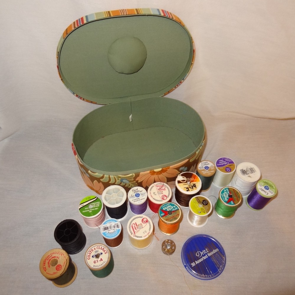 Sewing Box Mixed Lot 17 Thread Spools Different Colors Needles Bobbin