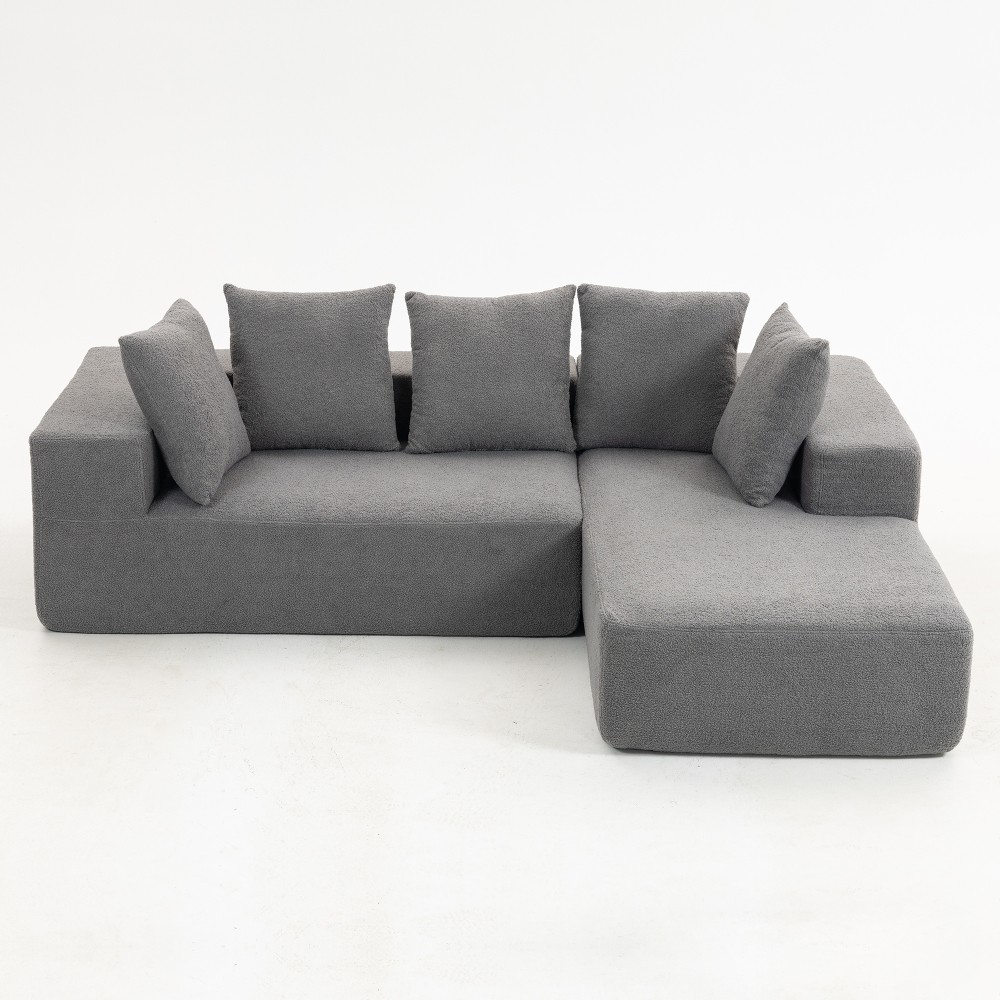 Modular L-Shaped Sectional Sofa w/ 5 Pillows - Soft Grey-Blue Upholstery