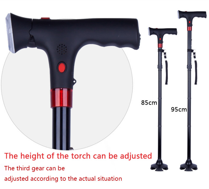 Folding Adjustable Walking Stick Cane with LED Torch & Alarm button Strap Handle