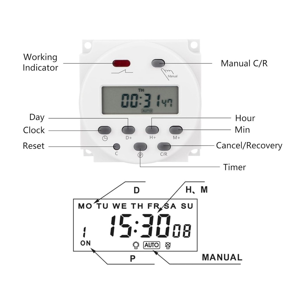 DC 12V Digital LCD Power Timer For Lighting Control 16A Programmable Switch