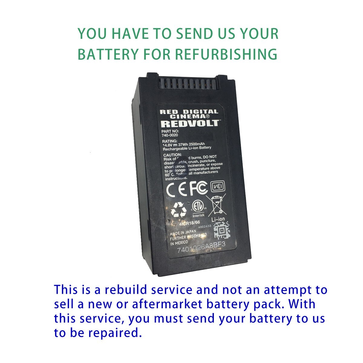 Battery rebuild for RED DIGITAL CINEMA REDVOLT 740-0020 14.8V 2500mah