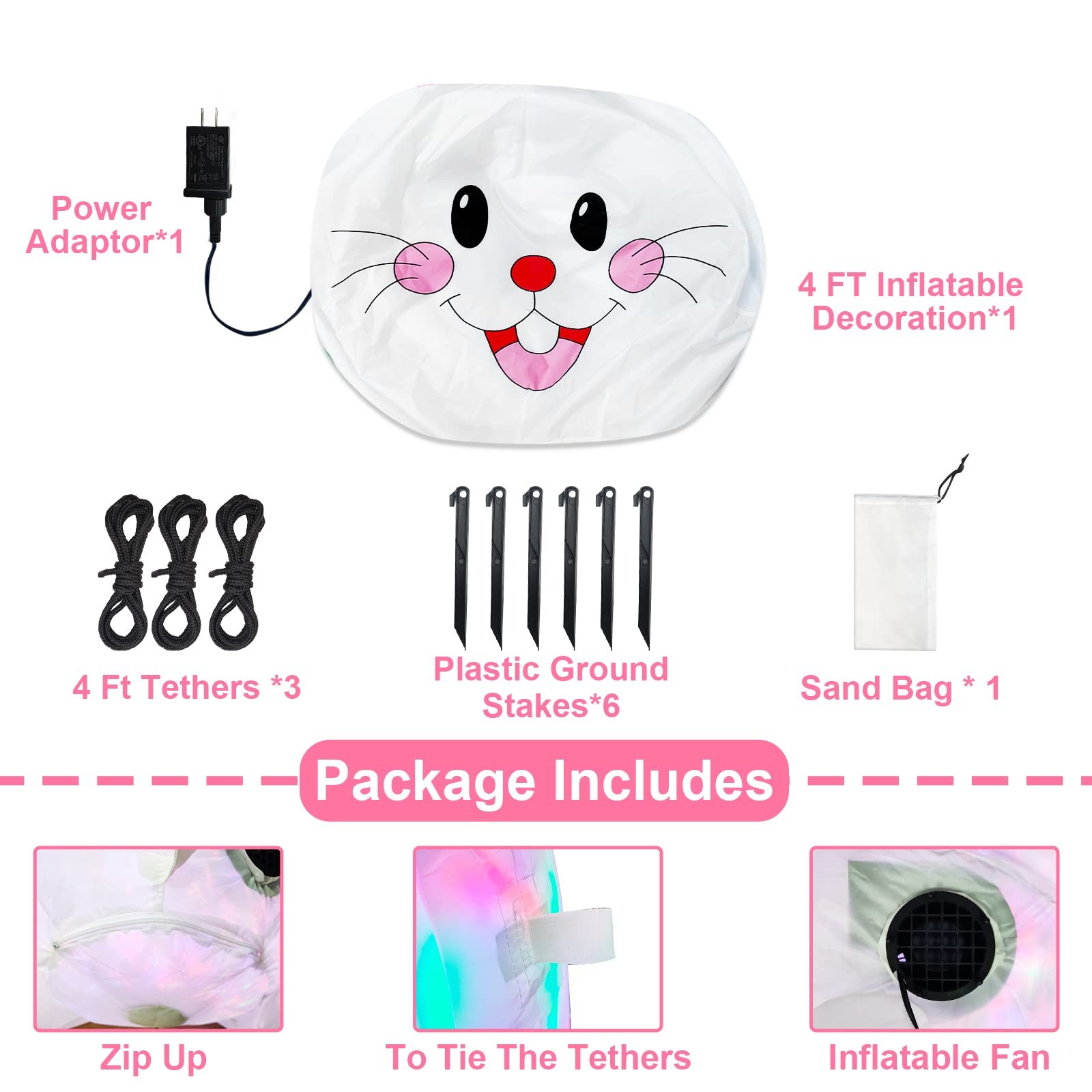 4FT Easter Inflatable Bunny with Rotating Colorful LED Lights - Waterproof Outdo