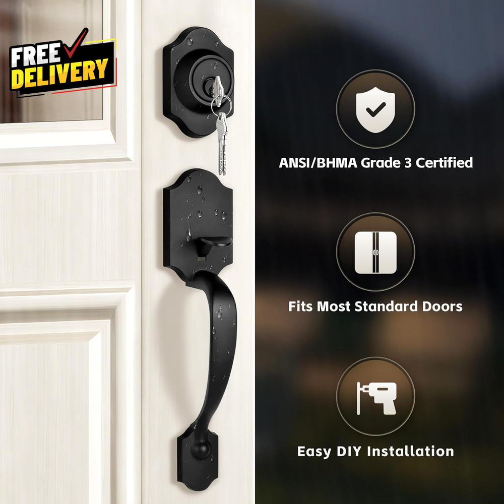 Double Front Door Handleset with Deadbolt – Matte Black Classic Entry Handle...