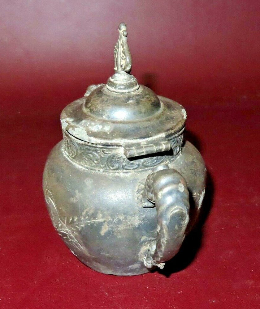 Antique Ornate Small Etched Silverplate Pitcher Teapot - As-Is - Poor Condition