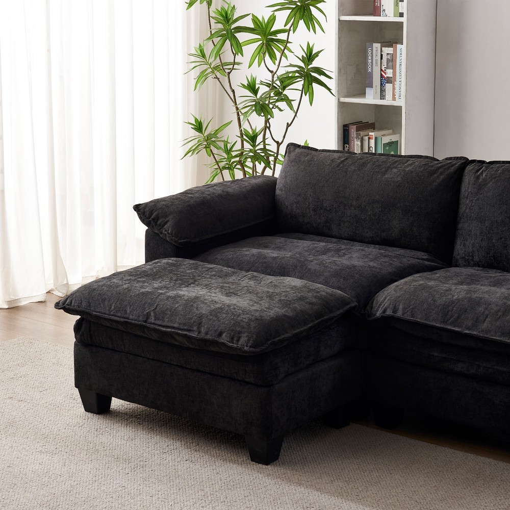 3-Seater L Shape Sectional Sofa Chenille Modular Couch With Movable Ottoman