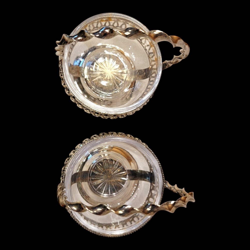 Set of 2 Silver Plated Nut Candy Baskets with Glass Liners Twisted Handle READ